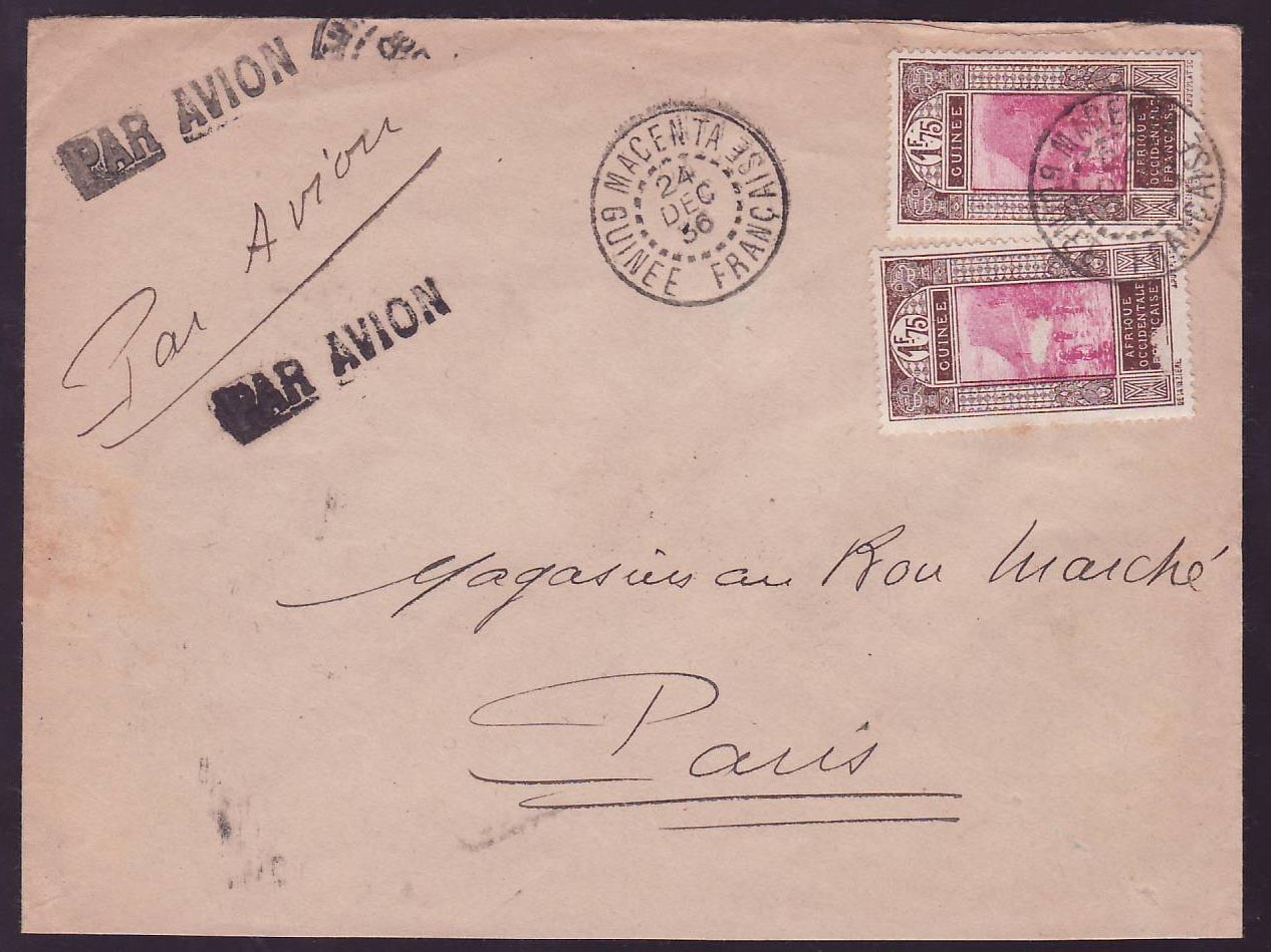 Guinee Lettre avec 2*1F75 cad Magenta DEC 36 pour Paris