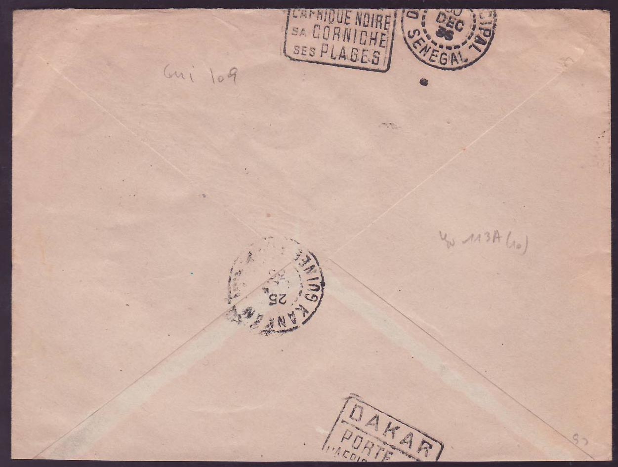 Guinee Lettre avec 2*1F75 cad Magenta DEC 36 pour Paris — Verso