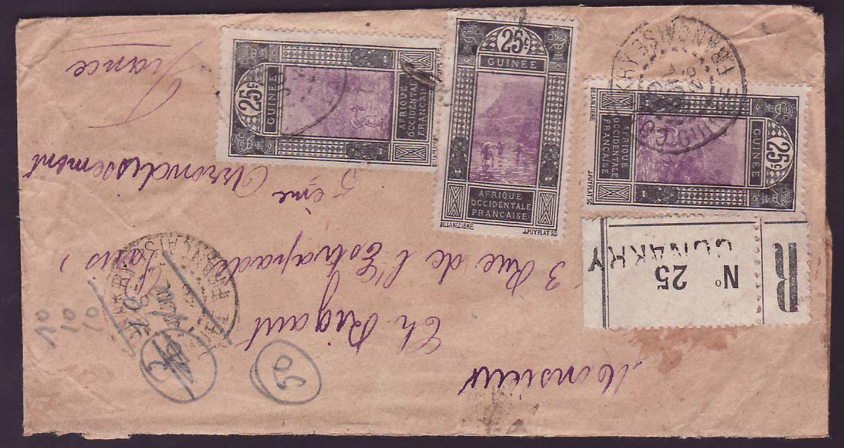 Guinee Lettre avec 3*25c + 25c + 5c au dos sur lettre pour Paris  France  cad 1926