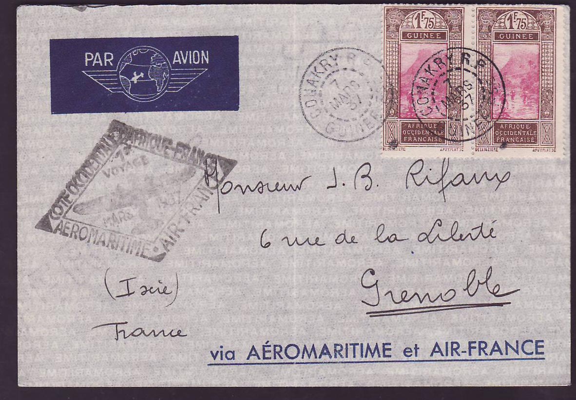 Guinee Lettre avec 1er Vol MARS 37 cad Conakry pour Grenoble  France