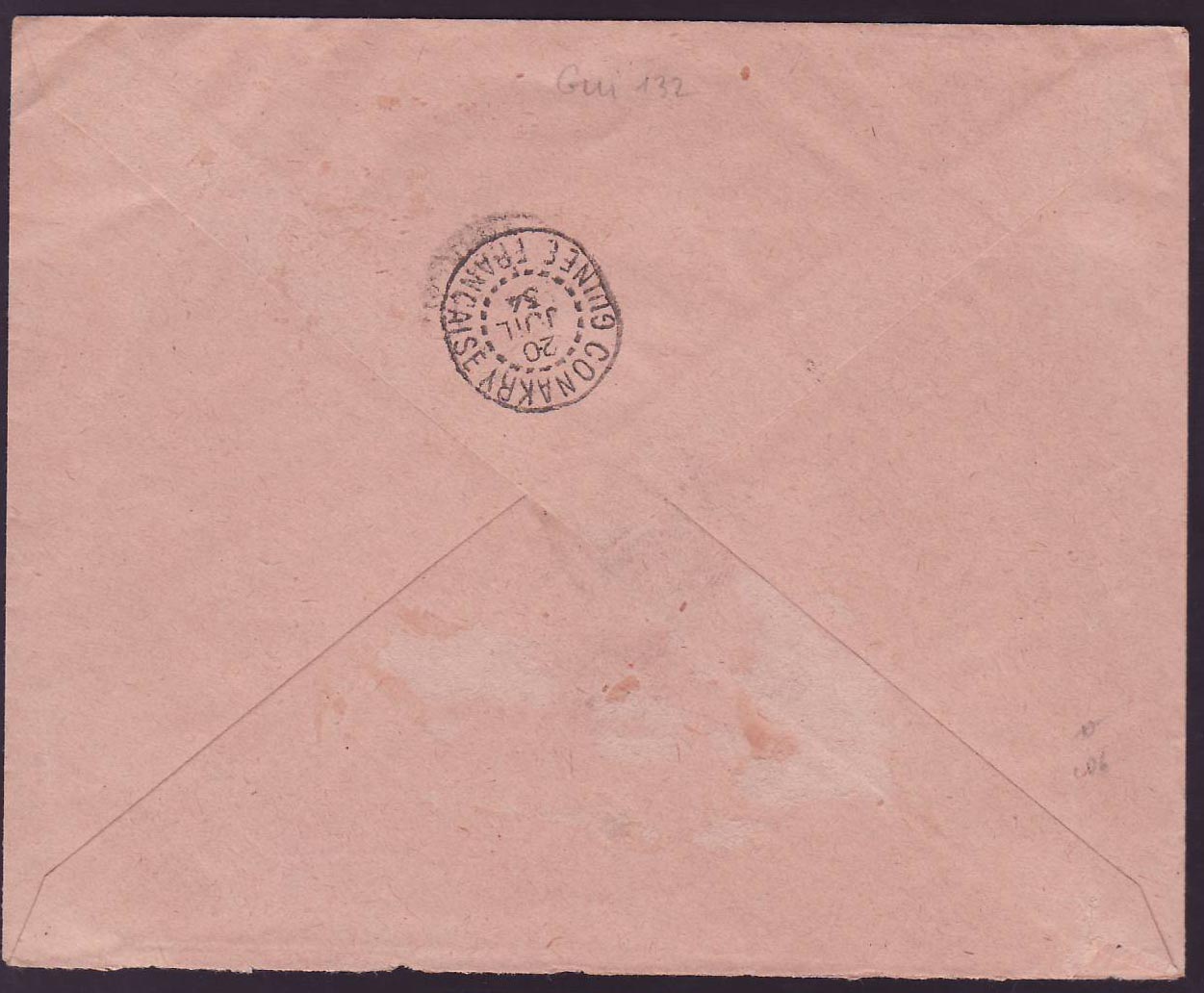 Guinee Lettre en Franchise avec cachet Kouroussa JUI 34 pour Paris  Rare — Verso