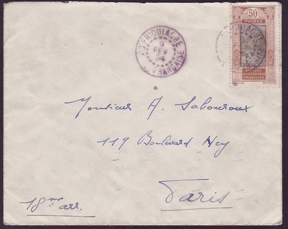 Guinee 50c Gue de Kitim seul sur lettre Frigouiagbe cad FEV 34 pour Paris  France