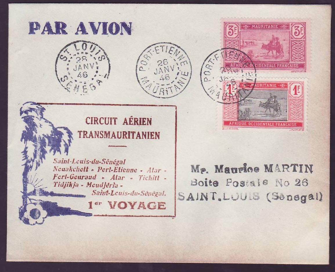 Mauritanie Lettre Circuit aerien transmauritanien cad Port Etienne JAN 46 pour Saint Louis  Senegal