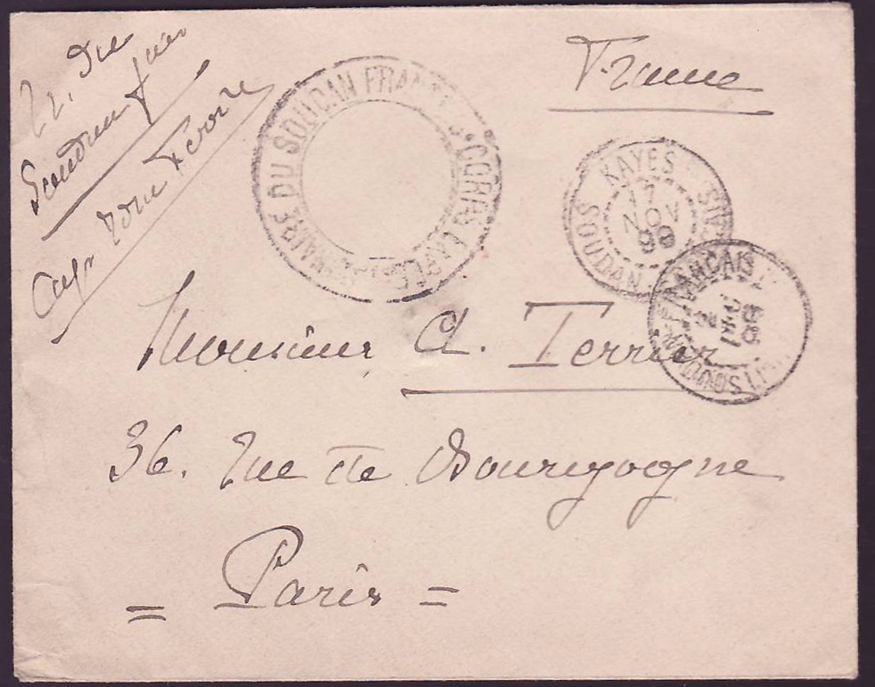 Soudan Lettre Franchise Militaire Siguiri pour Eugene Cazenave Biarritz  France  bon cachet Bleu maritime Ligne paquebot