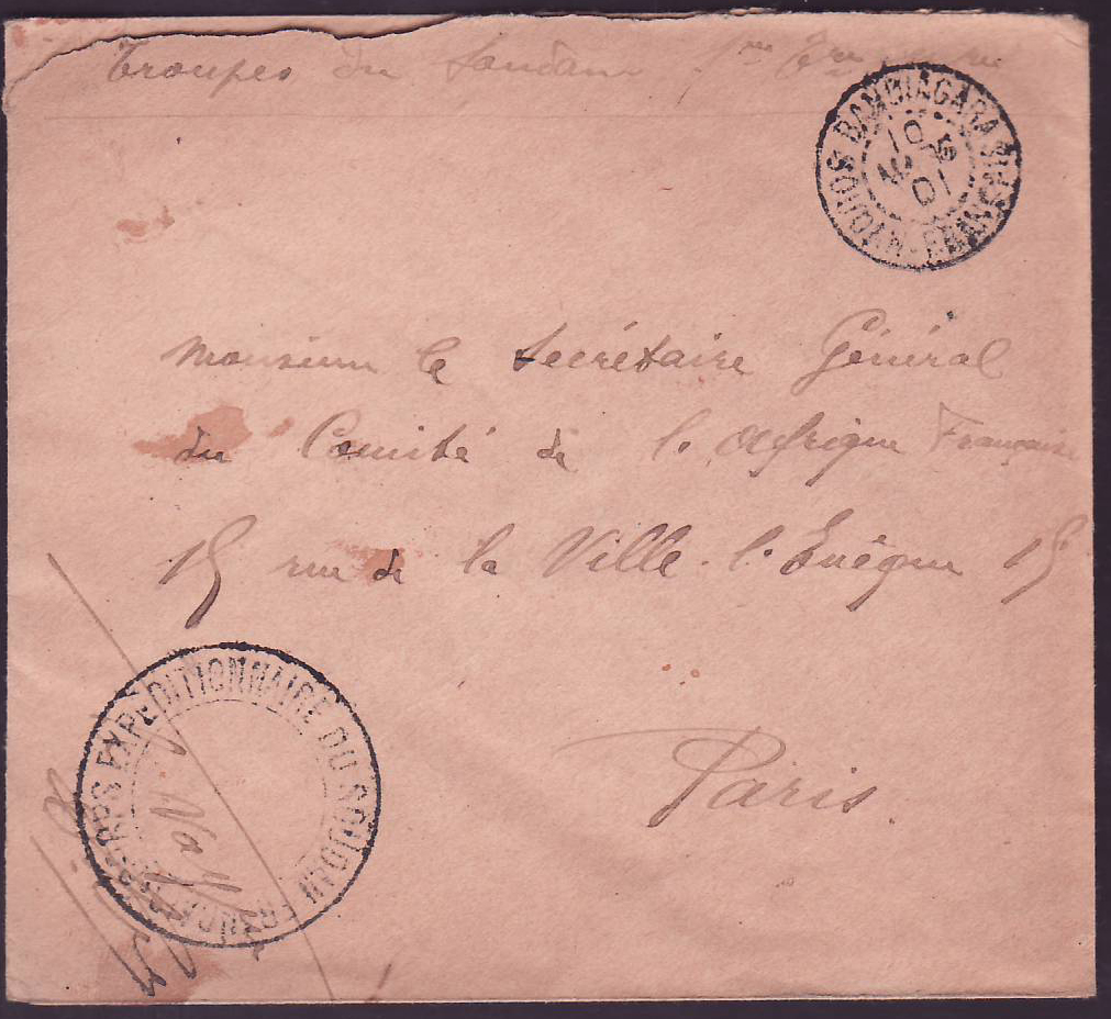 Soudan Lettre Franchise Militaire Bon cachet Bandiagara 10 MARS 01 pour Ville l'Eveque  Paris  France  cachet Corps Expe