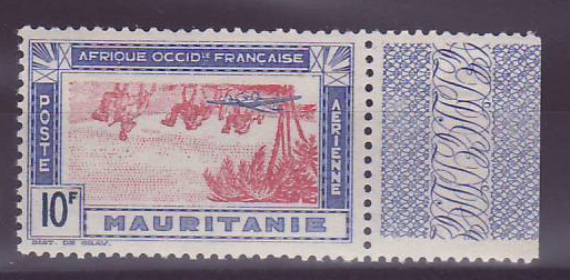Mauritanie Poste Aerienne 10F n°15c VARIETE Centre RENVERSE ** Neuf sans charniere Bord de Feuille TTB Signé