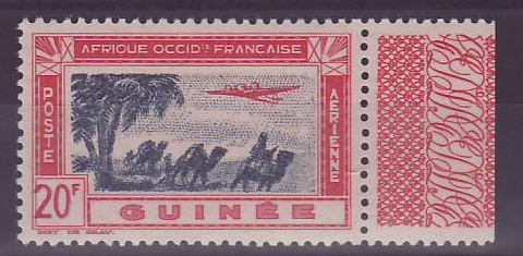 Guinee Poste Aerienne 20F n°16 VARIETE Centre doublé ** Neuf sans charniere Bord de Feuille TTB Signé