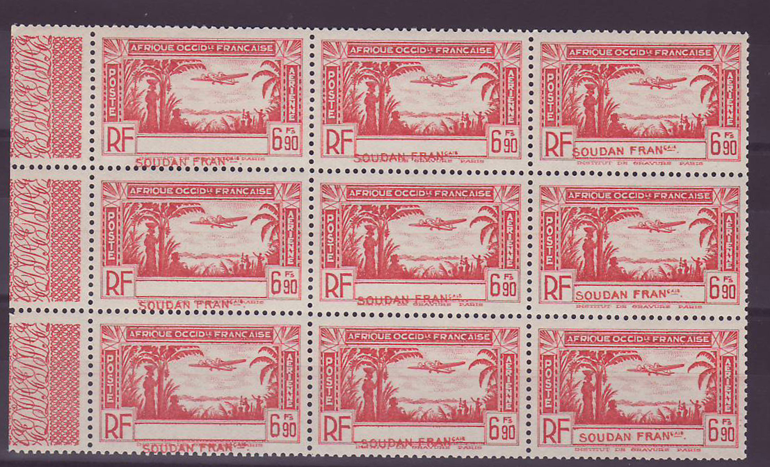 Soudan 6F90 Poste Aerienne VARIETE SOUDAN décalé en bloc de 9 bord de feuille ** Neuf sans charniere SUP Rare