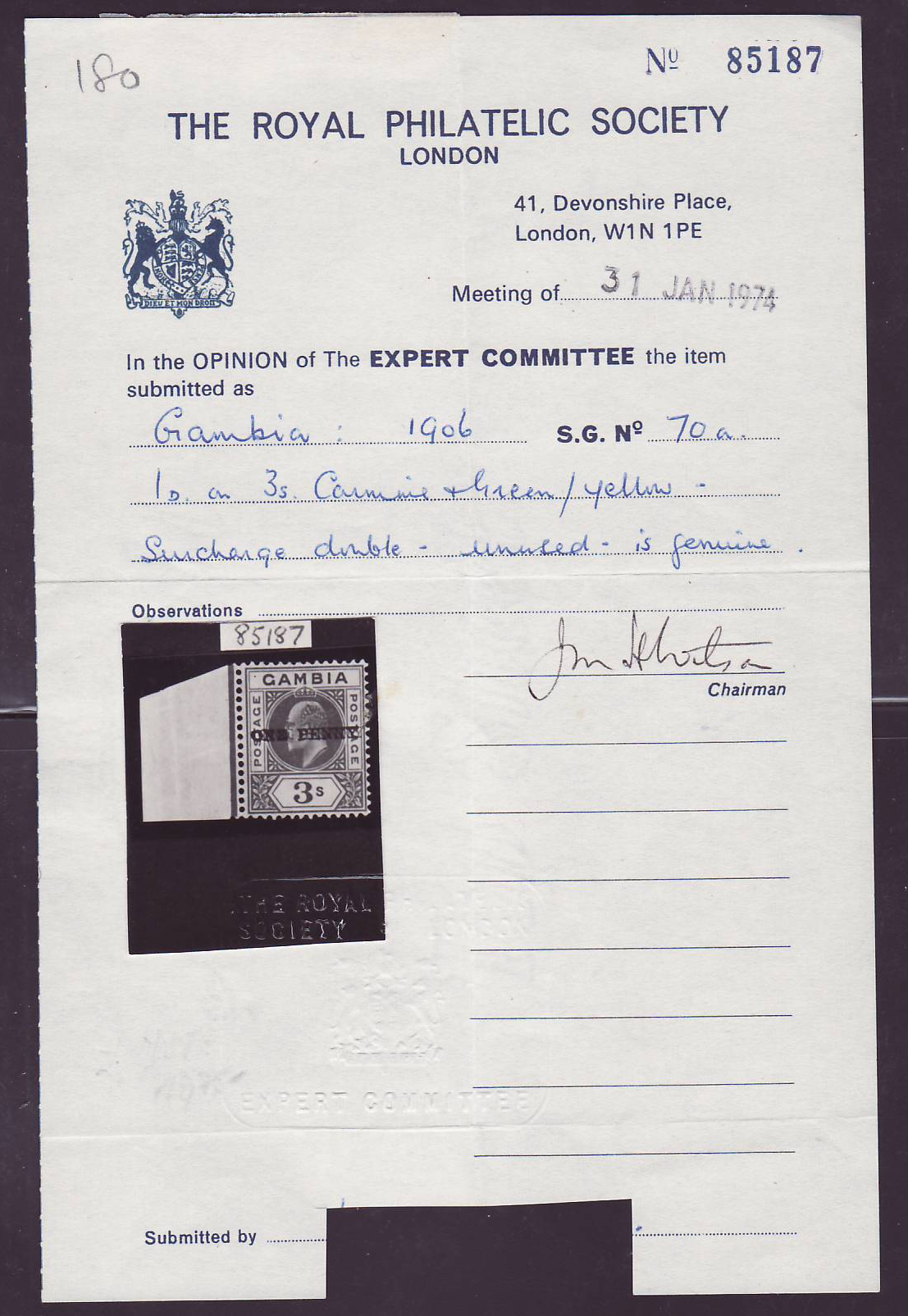 Gambia Gambie 3s Value with VARIETY Double Surcharge Very Fine Mint. Certificate — Rückseite