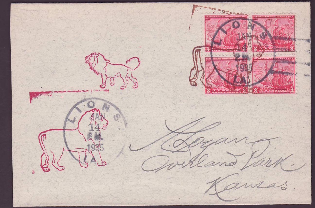 USA Block of 4 Boats with LIONS 1935 cds to Kansas  USA Topical Lion