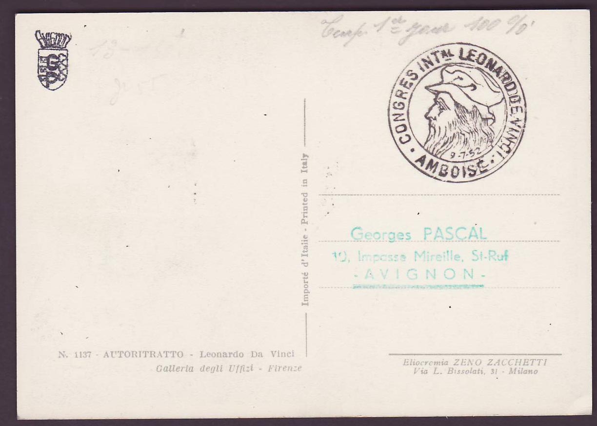 France CARTE MAXIMUM Leonard de Vinci Amboise 9 7 1952 Rare Leonardo da Vinci Lion — Back