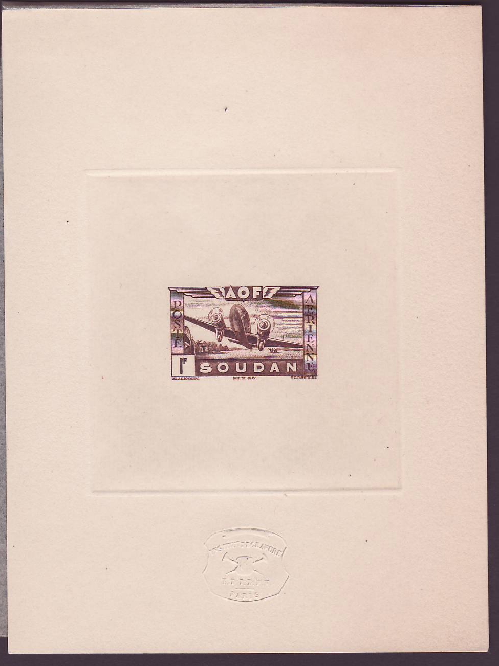 Soudan Epreuve Poste Aerienne n°11 Avion en Vol 1Fr Rare