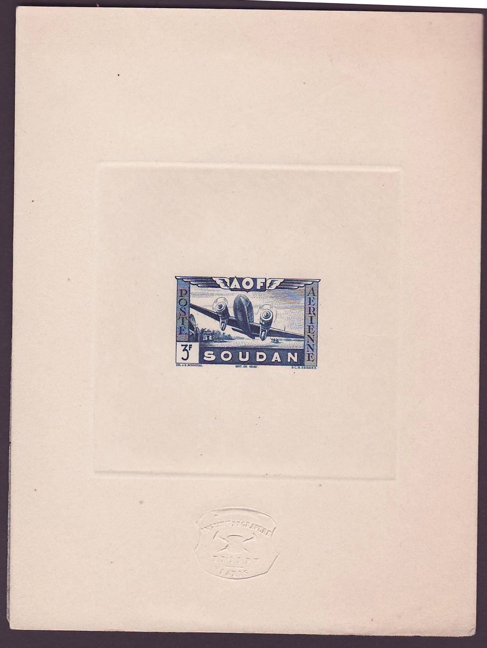 Soudan Epreuve Poste Aerienne n°13 Avion en Vol 3Fr Rare