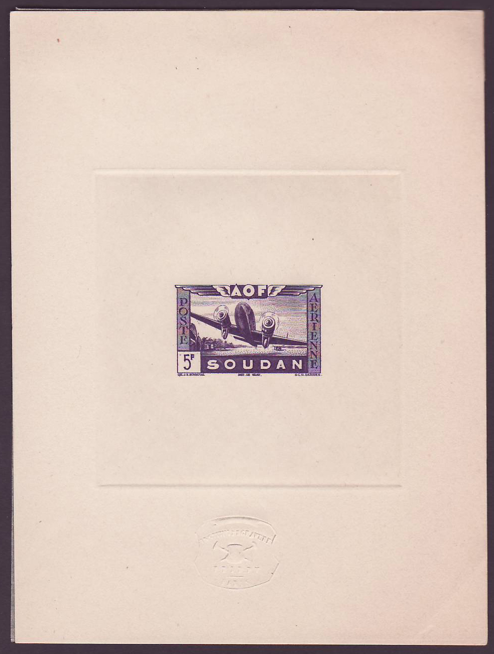 Soudan Epreuve Poste Aerienne n°14 Avion en Vol 5Fr Rare