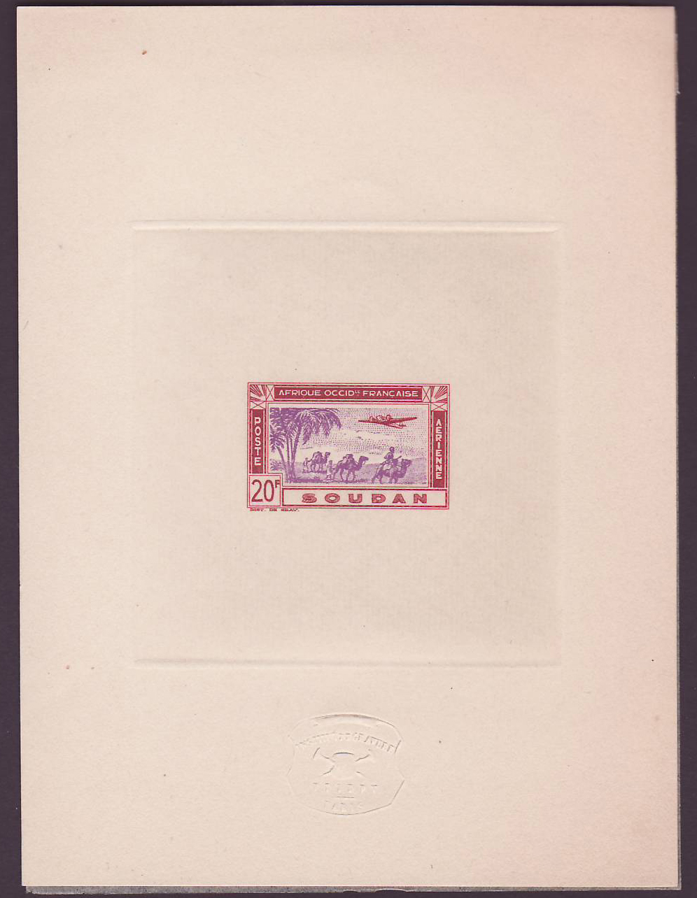 Soudan Epreuve Poste Aerienne n°16 Avion en Vol 20Fr Rare