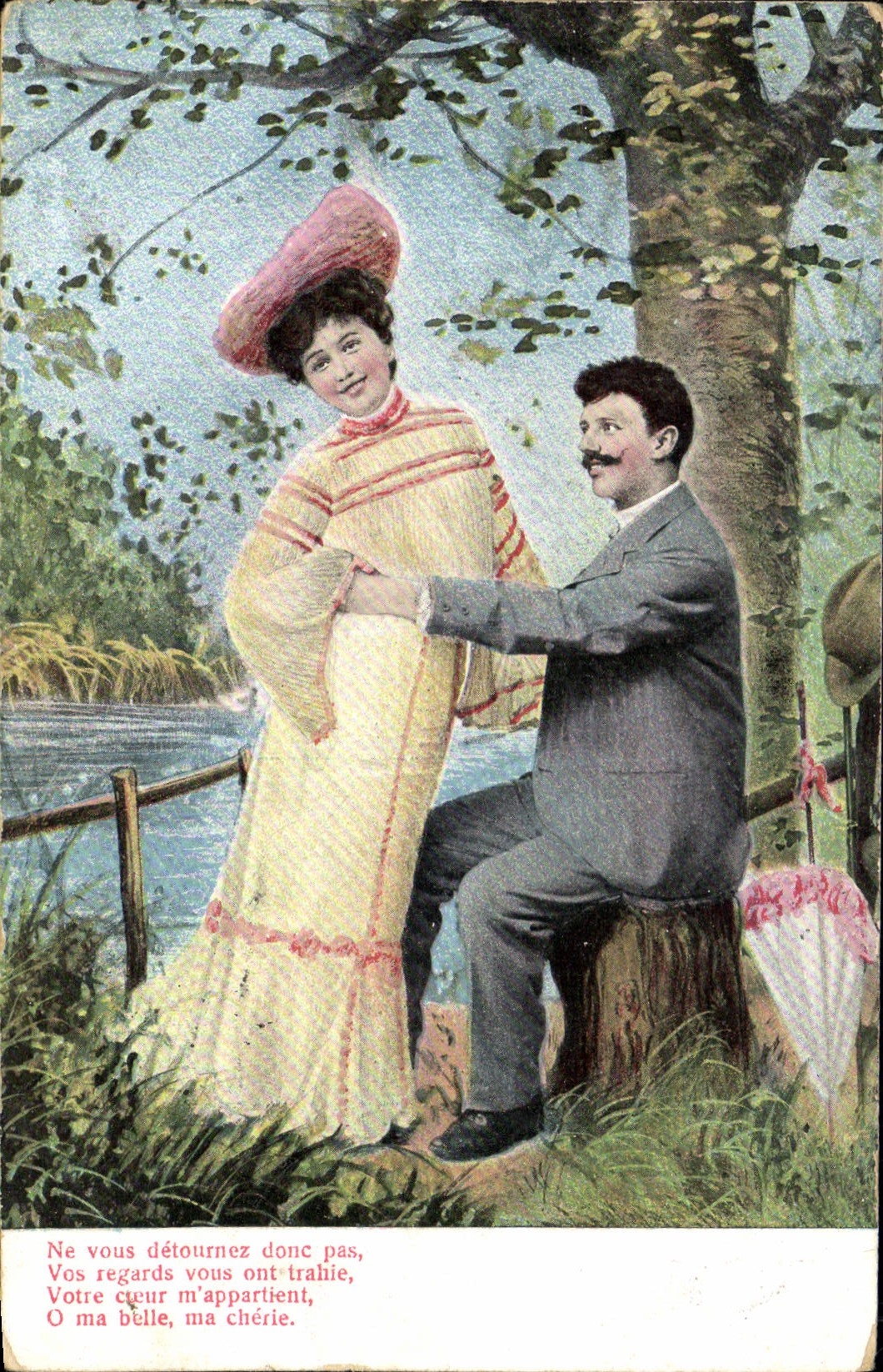 Jeune couple amoureux près d'un lac — texte amoureux — série 785, éditeur K.V.B. 12