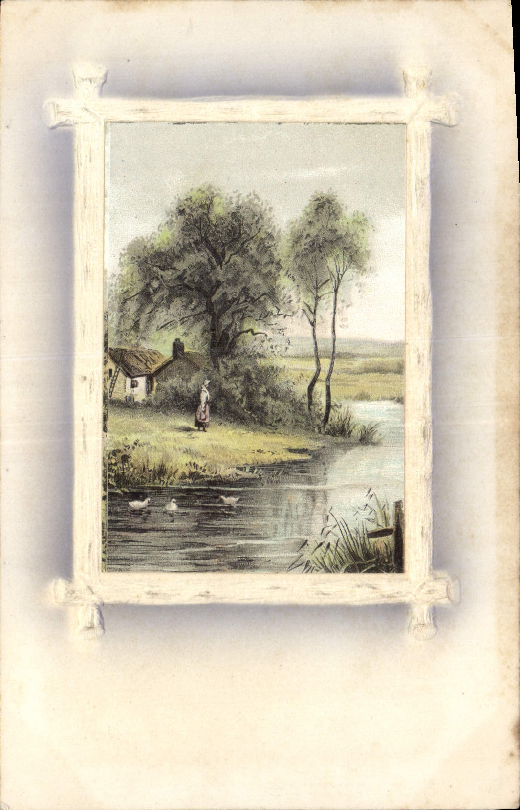 Paysage rural avec maison et canards — éditeur non identifié, n° de série non visible