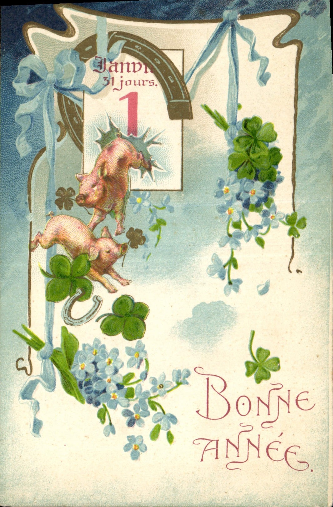 CPA Fantaisie Fleurs Cochons Porc Trefles 