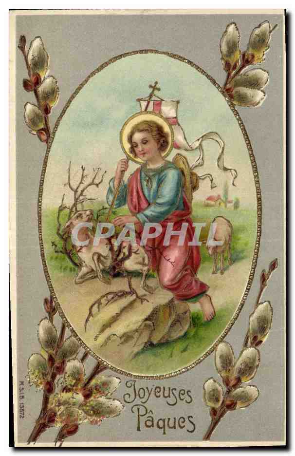 CPA Fantaisie Fleurs Enfant Agneau Paques 
