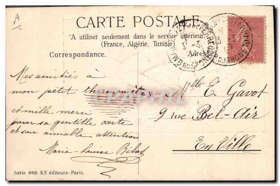 Marie-Louise Bilad — jeune fille tenant un bouquet de roses — éditée par K.F. Paris, série 668 — Verso