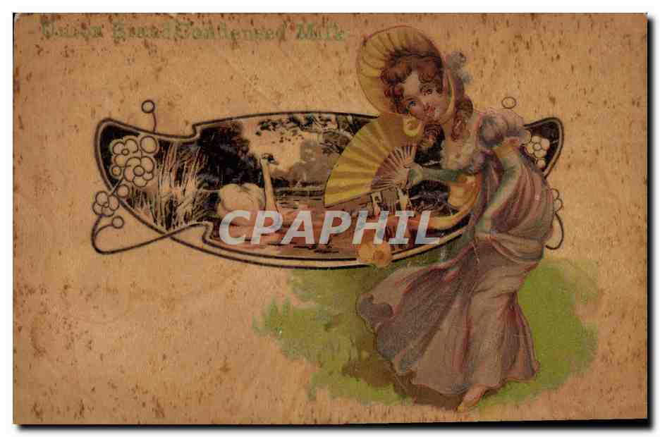 CPA Fantaisie Femme Cygne (carte en bois)