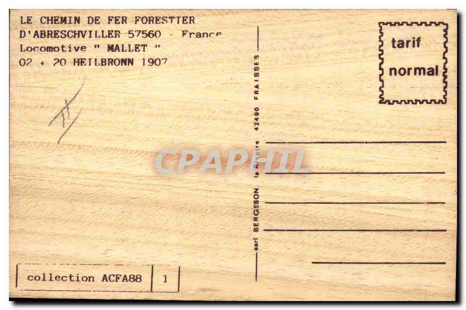 CPA Fantaisie Le chemin de er forestier d'Abresschviller Locomotive Mallet Heilbronn 1907 Train (carte en bois)  — Rückseite