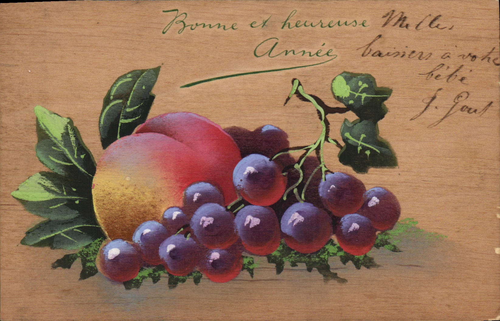 Fruits — Grapes et pêche — Carte postale multilingue