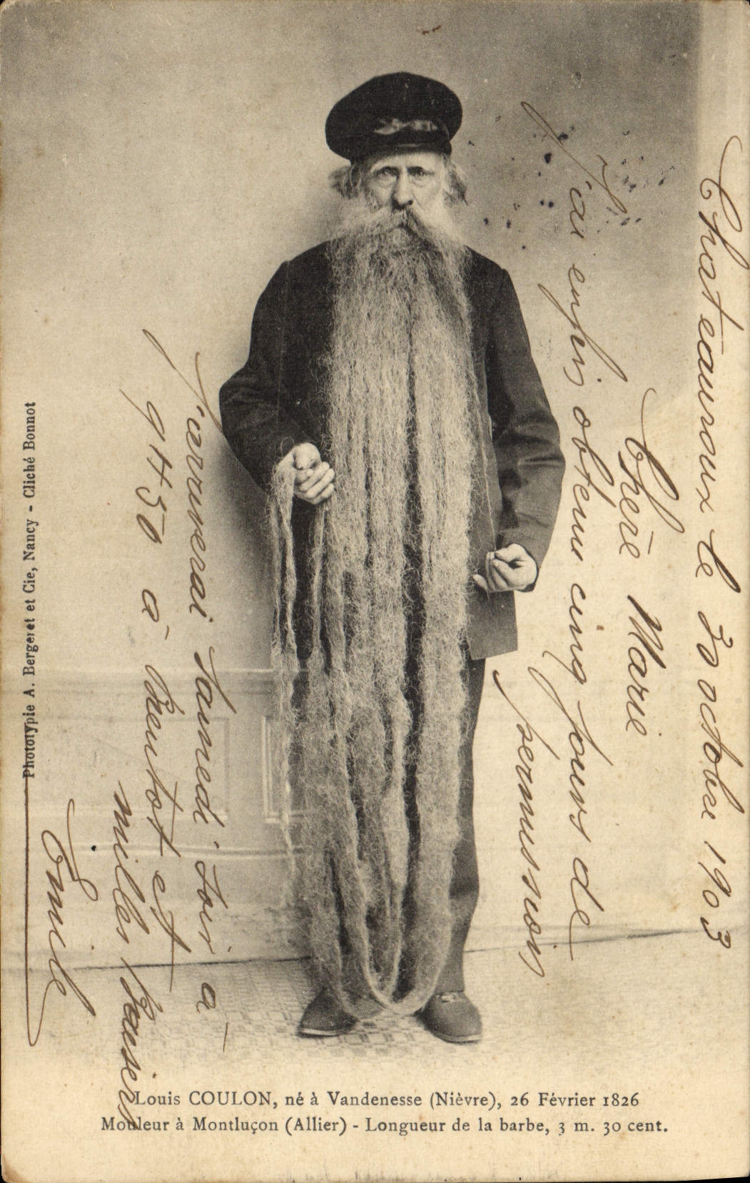 Louis COULON, barbe de 3 m 30 cm — Montluçon (Allier) — Phototypie A. Bergeret et Cie, Nancy