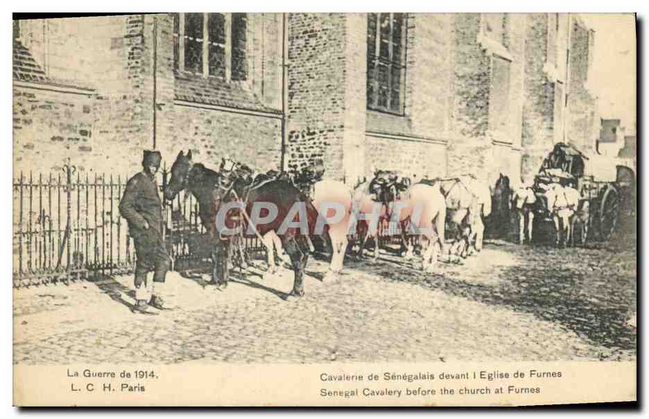 Cavalerie de Sénégalais devant l'Église de Furnes — L. C. H. Paris