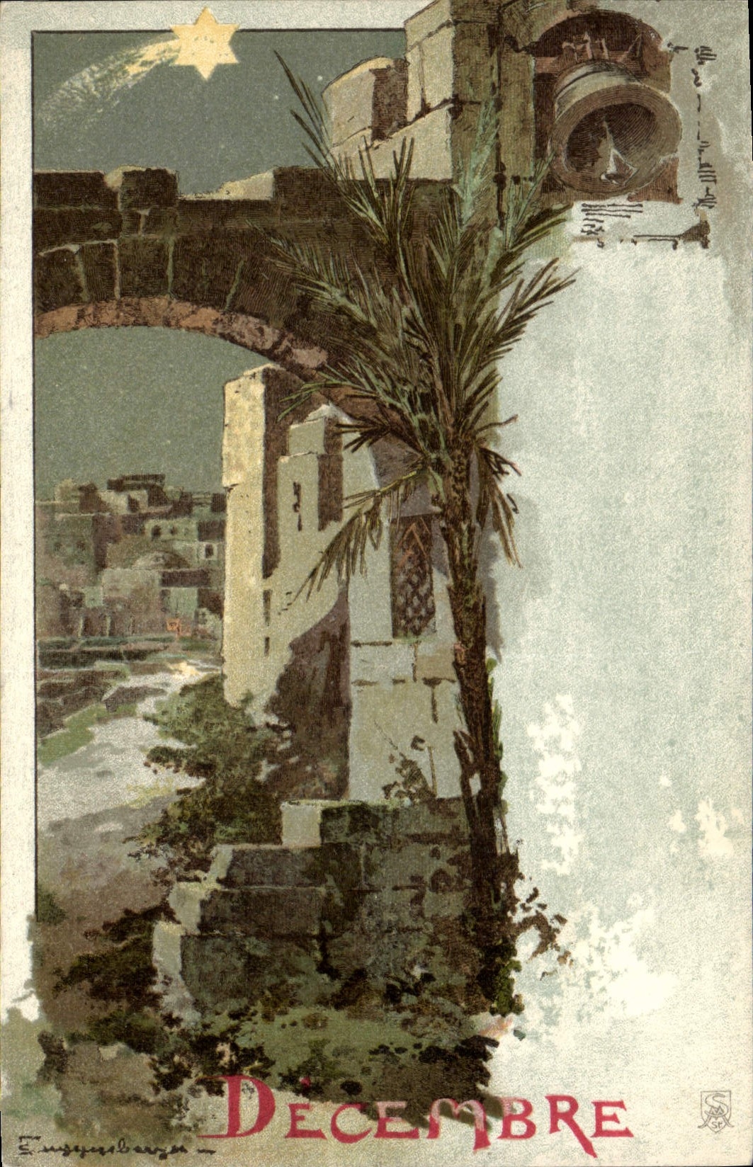 Vue de ruines et d'une palme — Décembre — Éditeur E. Musquède & Cie, n° 134