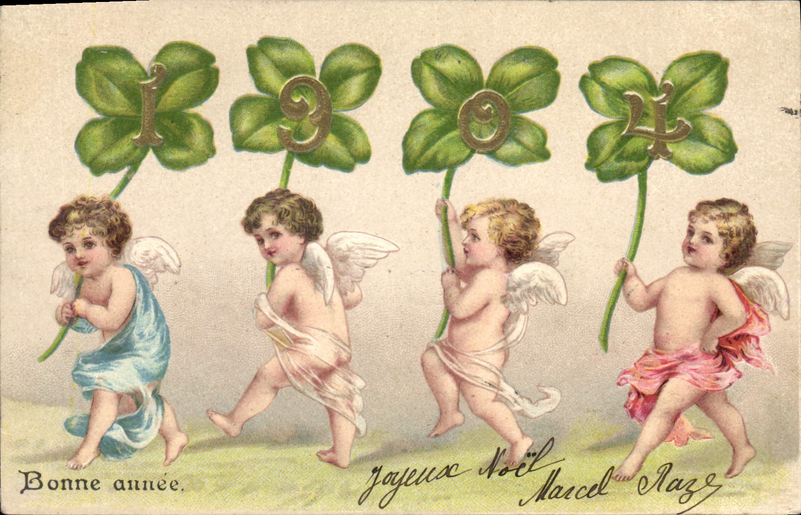 Quatre petits anges tenant des trèfles à quatre feuilles — 1904 — Marcel Pazz
