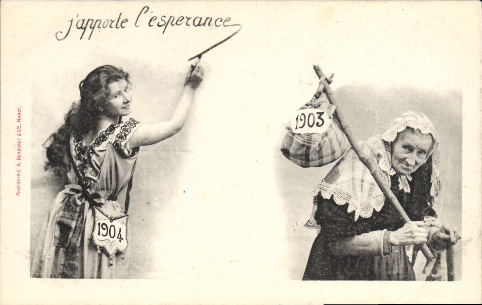 Je porte l'espérance — scène de deux femmes avec dates 1903 et 1904 — Phototype A. Bergeret & Cie, Nancy