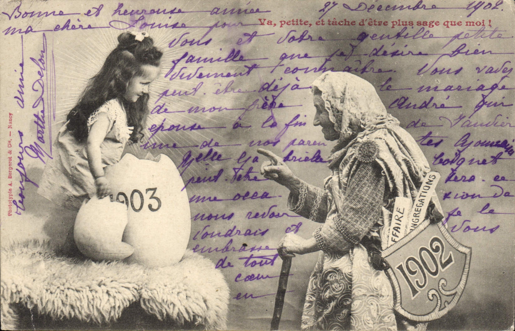 Mujer y niño — escena doméstica — Fototipo A. Bergnent & Cie, Nancy