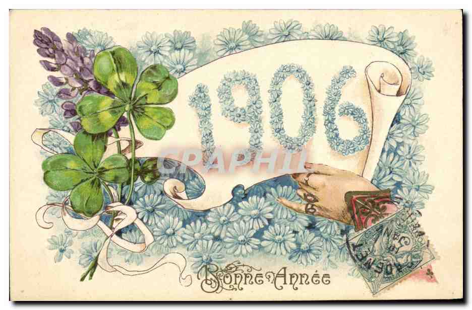 Bonne Année 1906 — fleurs et trèfle — K.F. Éditeurs, Paris, Série 1355