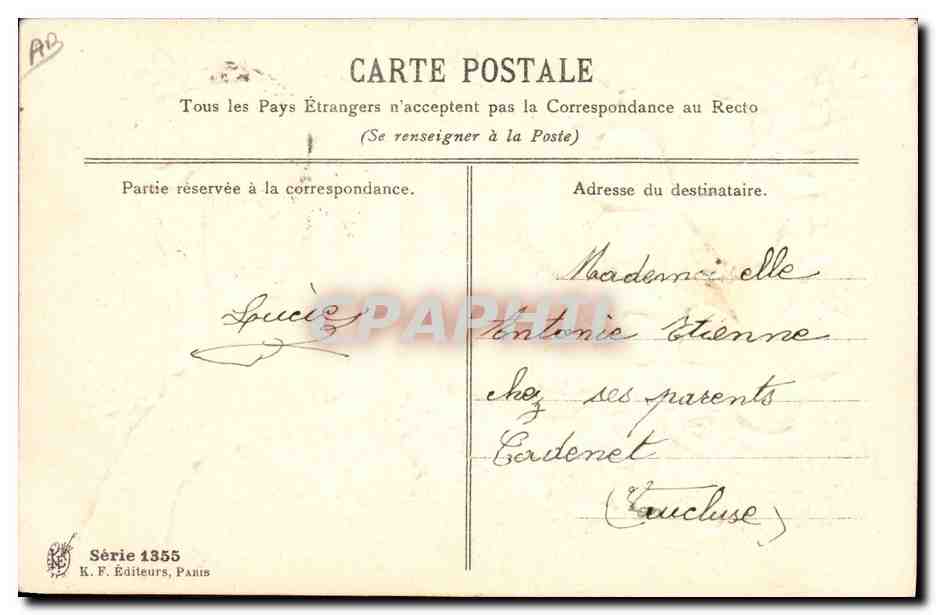 Bonne Année 1906 — fleurs et trèfle — K.F. Éditeurs, Paris, Série 1355 — Rückseite