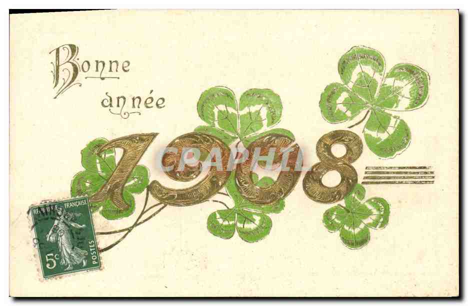 Bonne année 1908 — trèfles — éditeur non visible