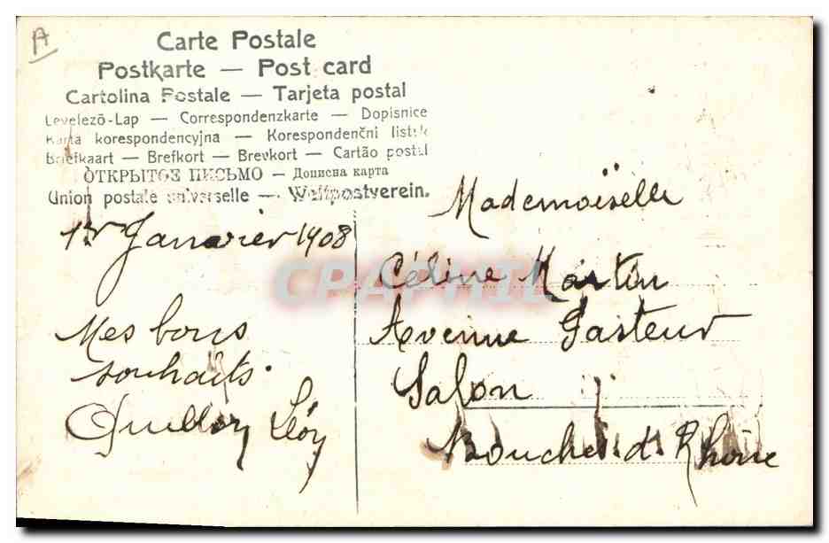 Bonne année 1908 — trèfles — éditeur non visible — Verso