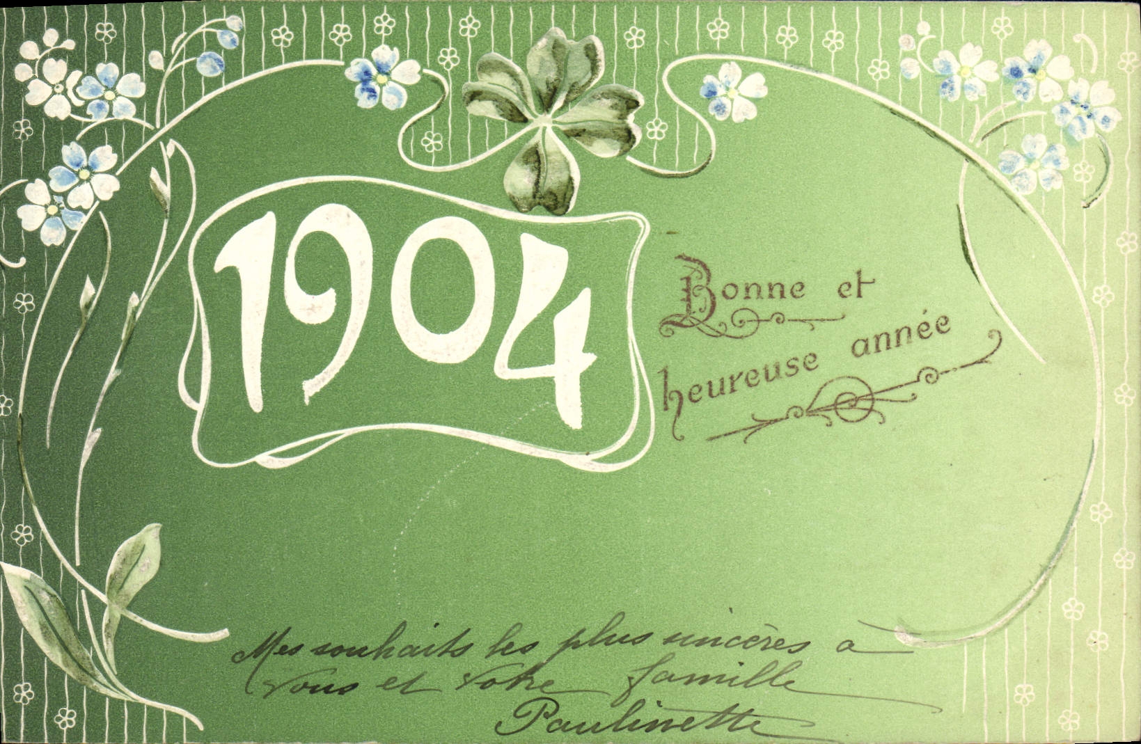 Carte de vœux 1904 — Bonne et heureuse année — éditeur non identifié, n° de série non visible