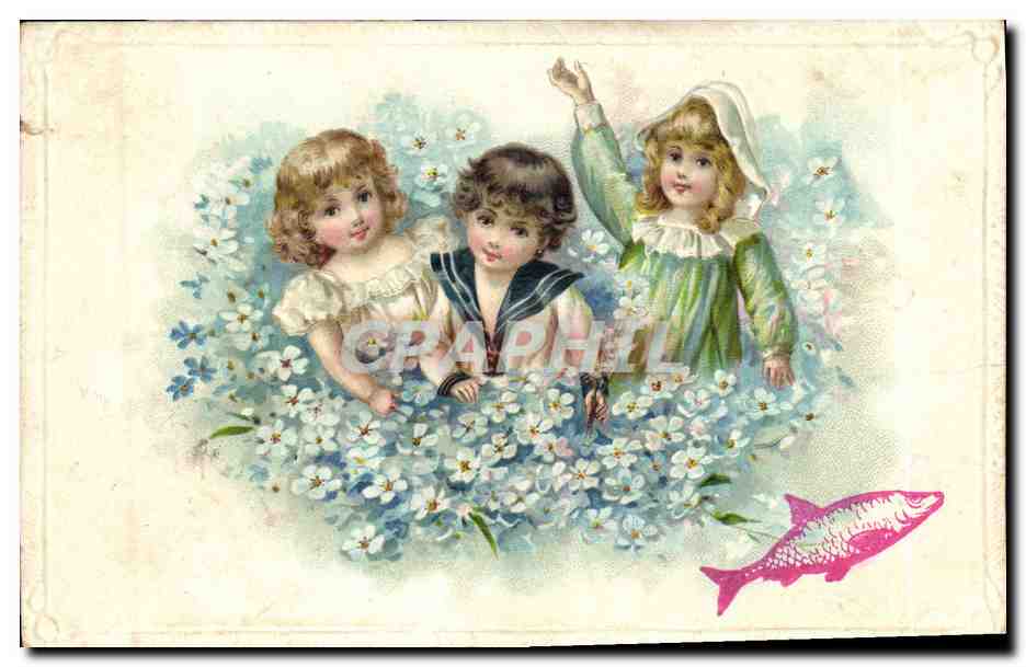 CPA Fantaisie Fleurs Enfants Poisson 