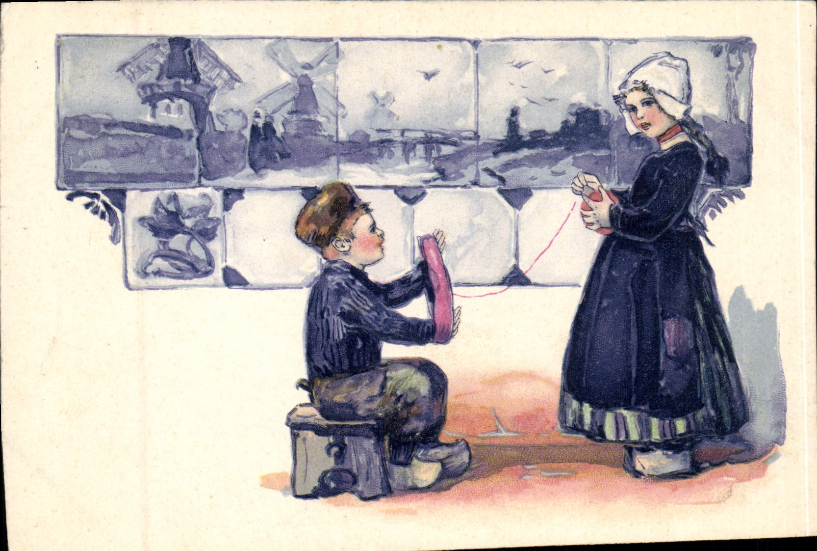 Bambini che giocano con un aquilone — Paesaggio olandese con mulini a vento — Editore: Serie 3970