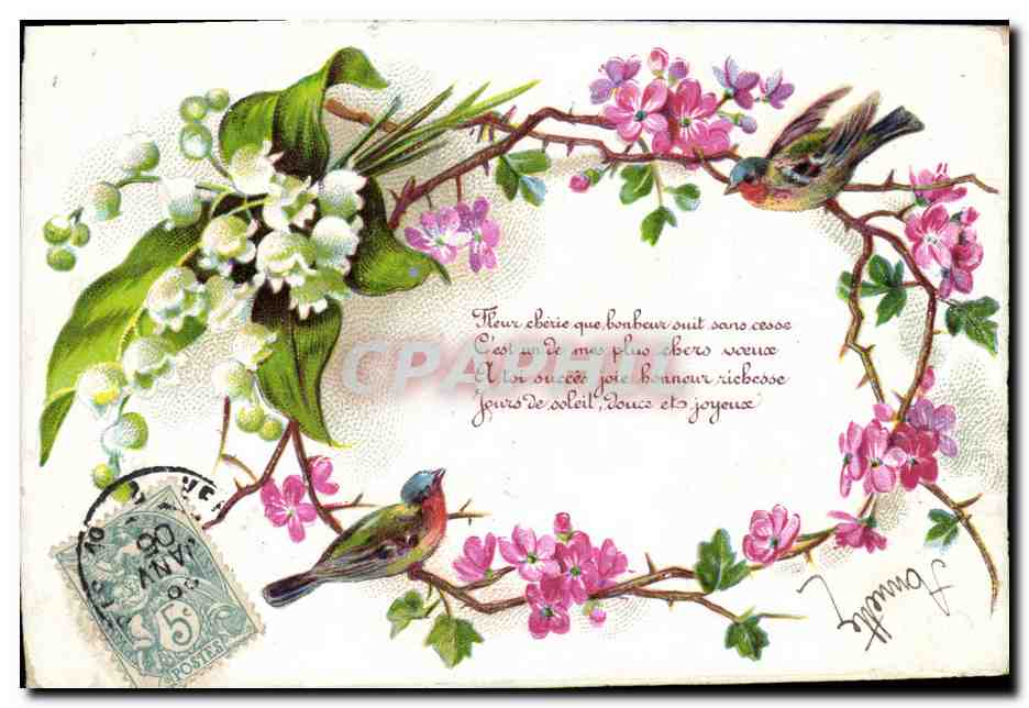 CPA Fantaisie Fleurs Oiseaux 