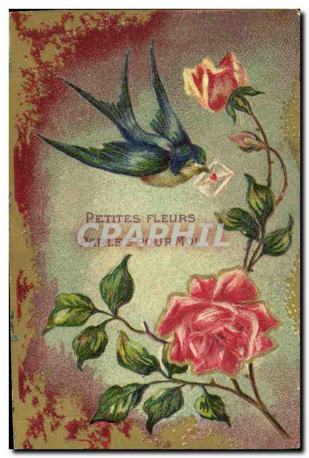 CPA Fantaisie Fleurs Hirondelle 