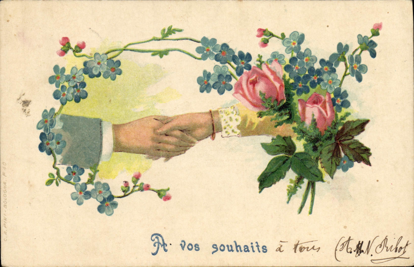 Main tendue et bouquet de roses — A vos souhaits à tous — C.A. PINI - BOLOGNA F.40, éd. Tribot