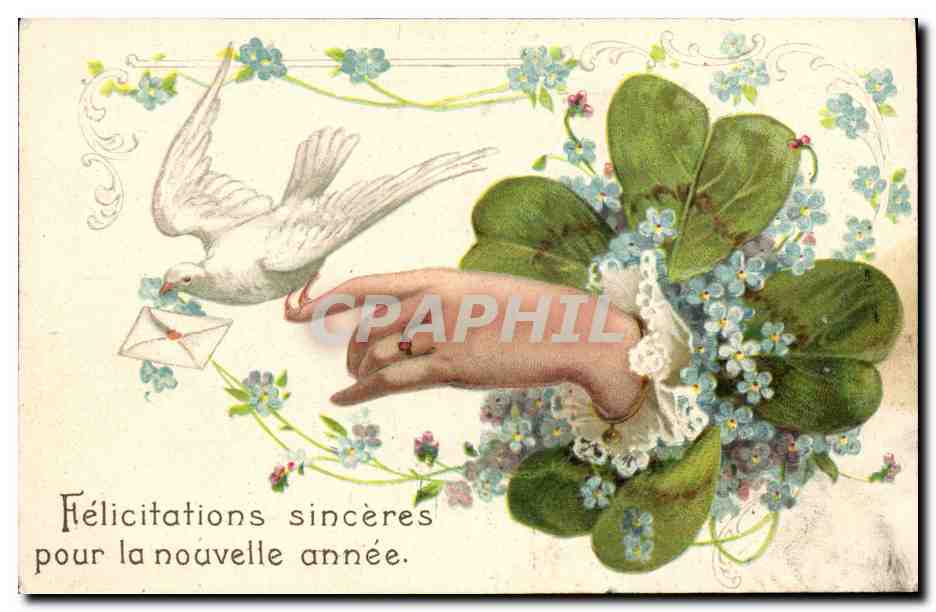 CPA Fantaisie Fleurs Main Colombe Trefle 
