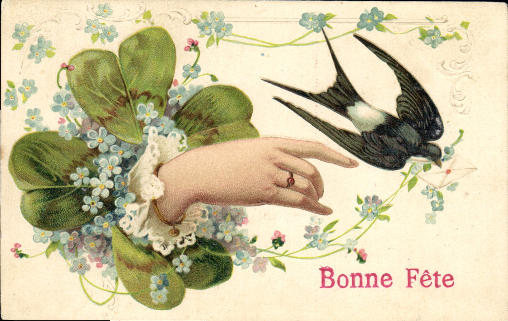 CPA Fantaisie Fleurs Main Trefles Hirondelle 