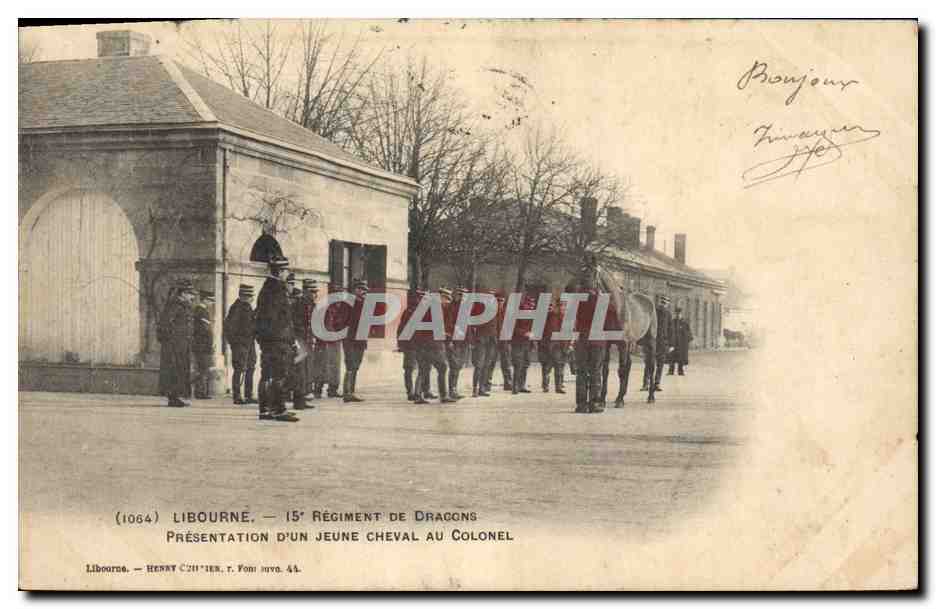 CPA Cheval Equitation Hippisme Libourne 15eme Regiment de Dragons Presentation d'un jeune cheval au colonel Militaria 