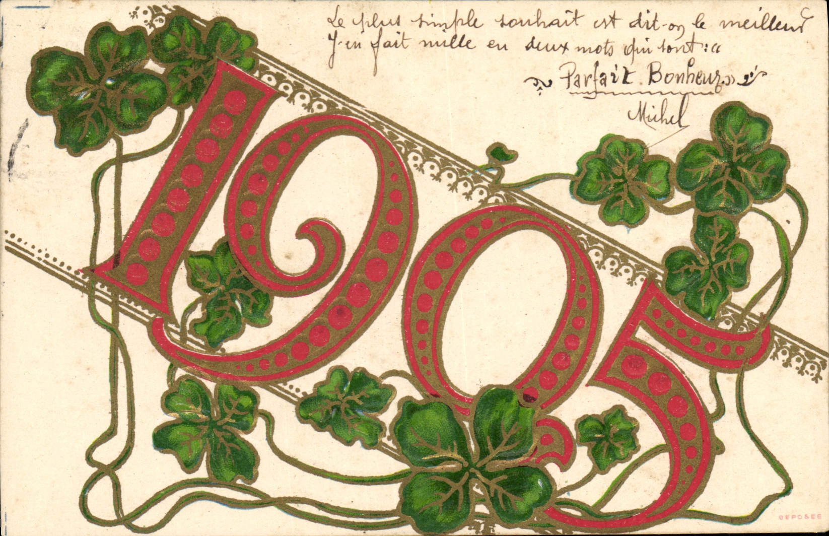 Année 1905 — Carte de vœux avec trèfles — éditeur OEPOLÉE