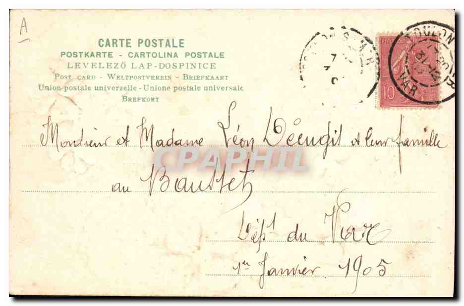Année 1905 — Carte de vœux avec trèfles — éditeur OEPOLÉE — Reverso