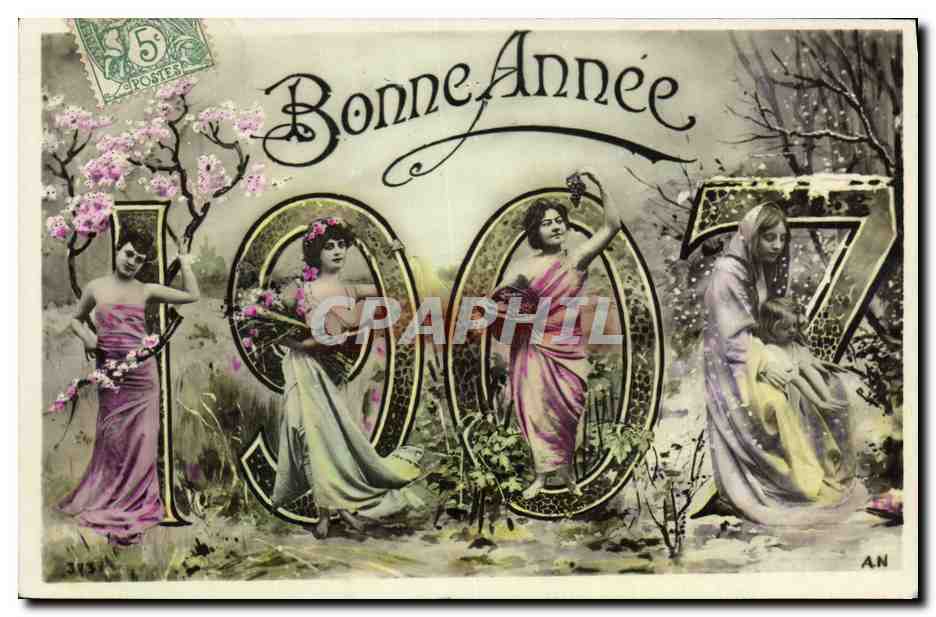 Femmes dans les chiffres 1907 — Bonne Année — éditeur AN, n° 313