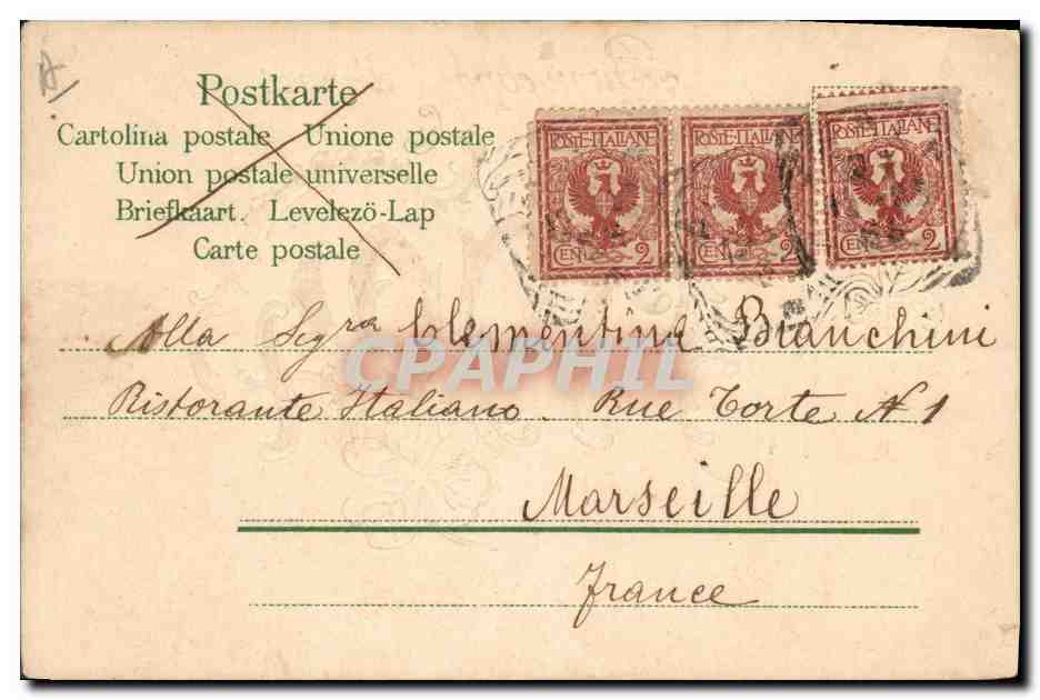 Bouquet de trèfles — Bon capo d'anno 1904 — Silvio e Gita Mantovani — Verso